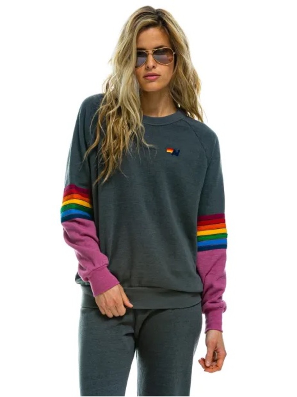 Aviator Nation | Rainbow Stitch Sleeve Sweatshirt in Dark Gray/Pink Medium